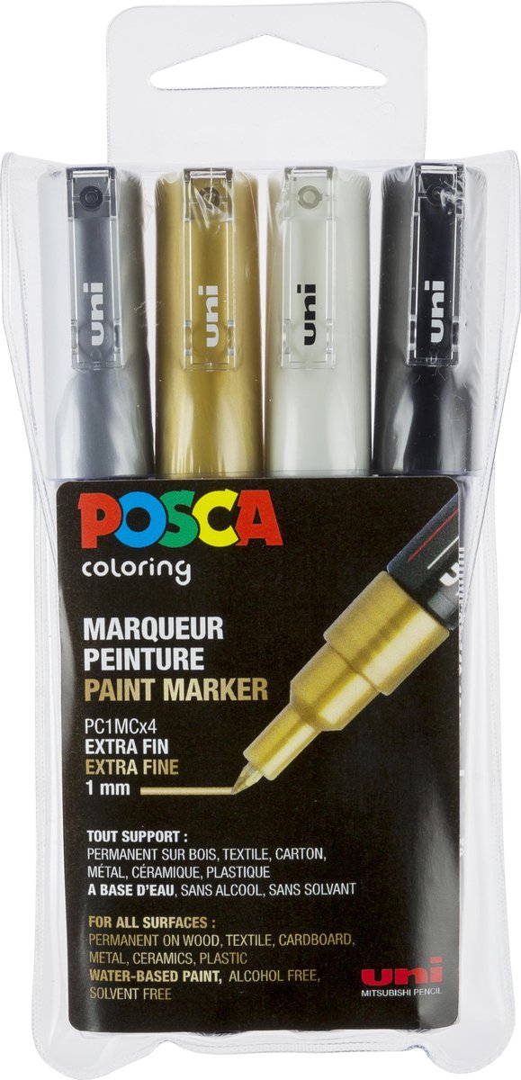 Posca maling tuscher sæt 1mc hvid sort guld sølv