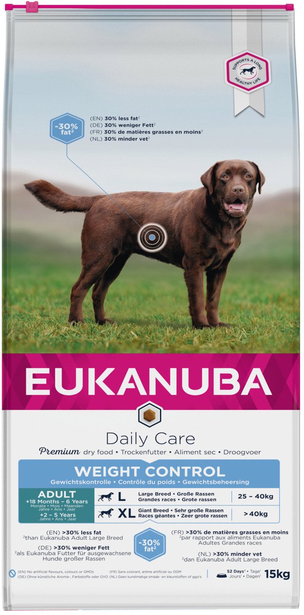 Eukanuba hund voksen stor race - vægtkontrol - kylling - 15 kg