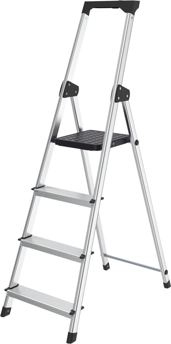 Brasq huishoudtrap 4 -treden zilver - keukentrap inklapbaar aluminium voor particulier en professioneel gebruik - trap ladder - anti slip