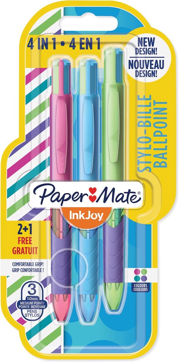 Paper mate inkjoy quatro joie de vivre 4-farvet kuglepen | medium | klassiske blækfarver | blister 2 + 1 gratis