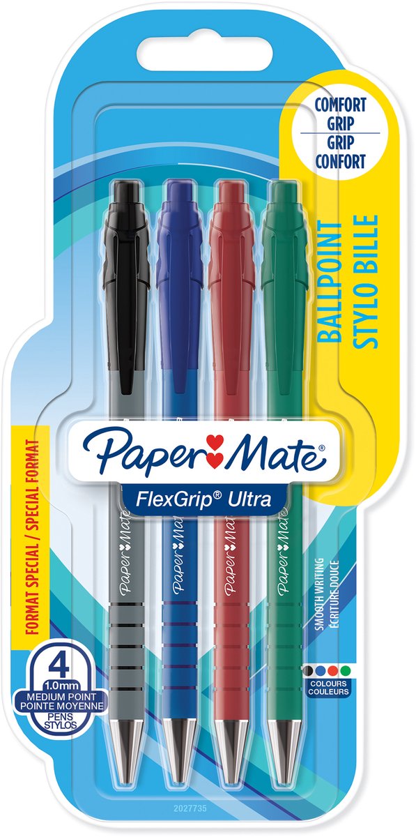 Paper mate flexgrip ultra kuglepenne med trykknap | mellempunkt (1,0 mm) | forskellige farver | 4 stk