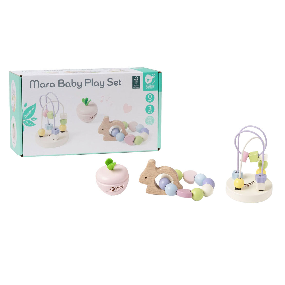 Klassisk World Wooden Baby Play Set Mara, 3 stykker.