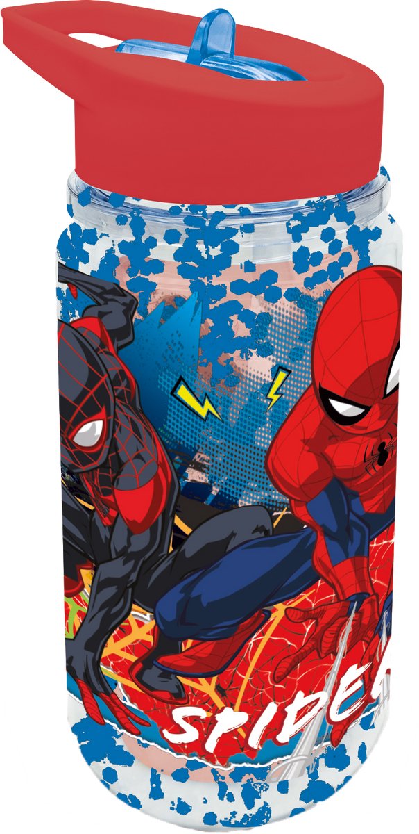 Stor marvels spider-man tritan drikkeflaske - 330 ml - med glimmereffekt - Tåler opvaskemaskine BPA-fri - drikkedunk med sugerør til børn - gennemsigtig blå rød