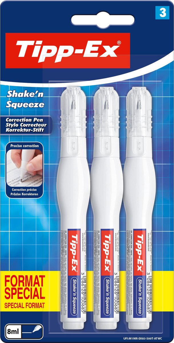 Tipp-ex shake n squeeze korrektion pen - 3 korrektion penne med væske - 8ml
