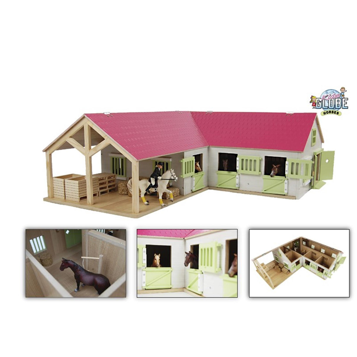 Kids globe hjørne hestestald med 3 bokse og opbevaringsrum 1:24 68x77x27cm pink (ekskl. tilbehør)