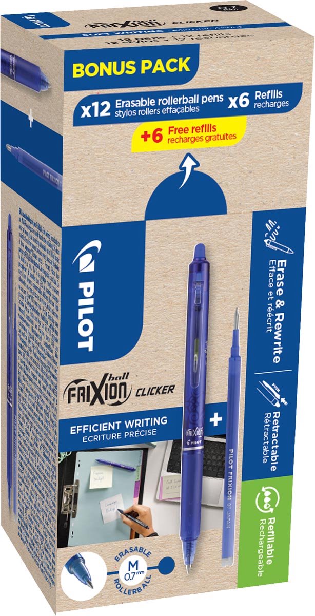 Pilot frixion bold klikker | 12 ruller og 6+6 refills 0 | 7 mm | blå