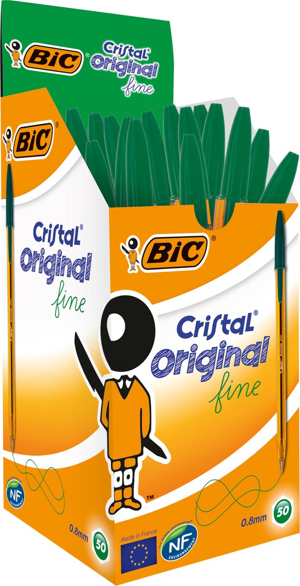 Bic cristal originale tynde kuglepenne - grøn - æske med 50 stykker - tynd spids 0,8 mm