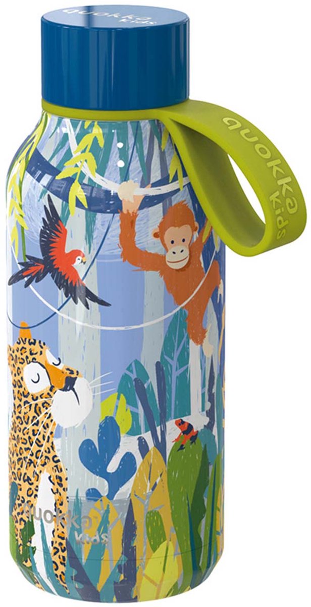 Quokka, isoleret flaske 330 ml solid børnemodel med rem og junglemotiv, flerfarvet
