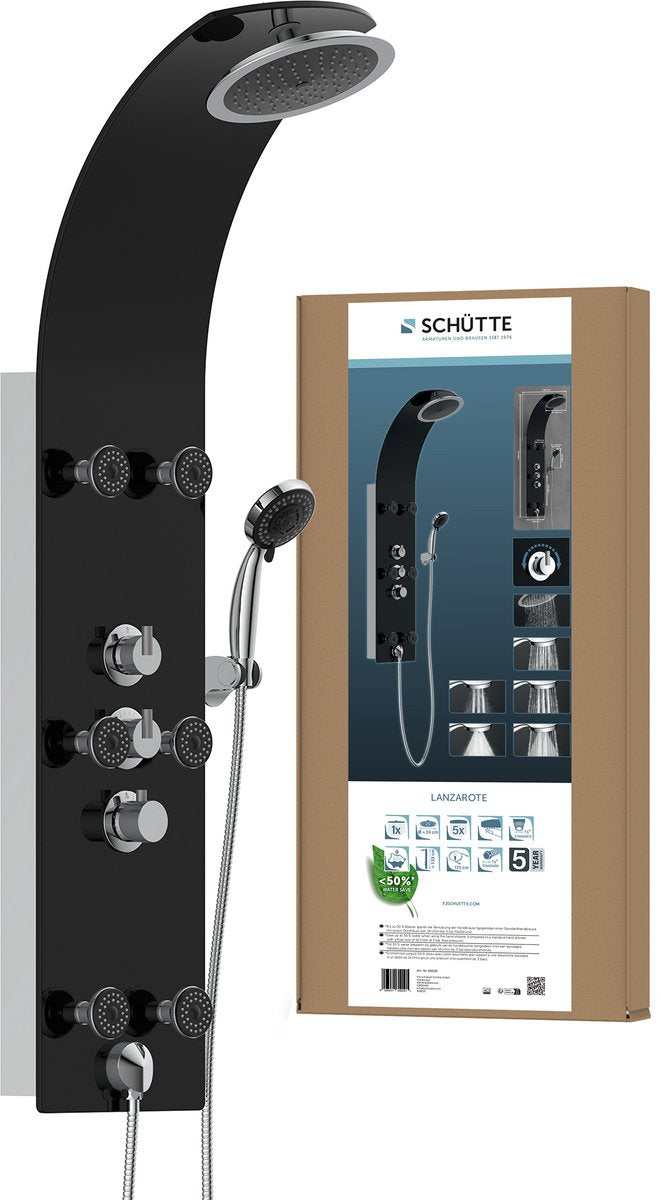 Schütte lanzarote brusepanel - med termostatisk brusehane - 6 massagedyser - glas - sort
