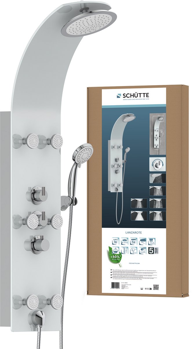 Schütte lanzarote brusepanel - med termostatisk brusehane - 6 massagedyser - glas - hvid