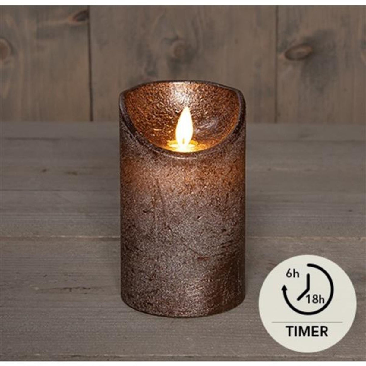 Annas kollektion led rustik søjlelys voks bevægende flamme på 3xaaa batteri med timer 7,5x12,5cm bronze