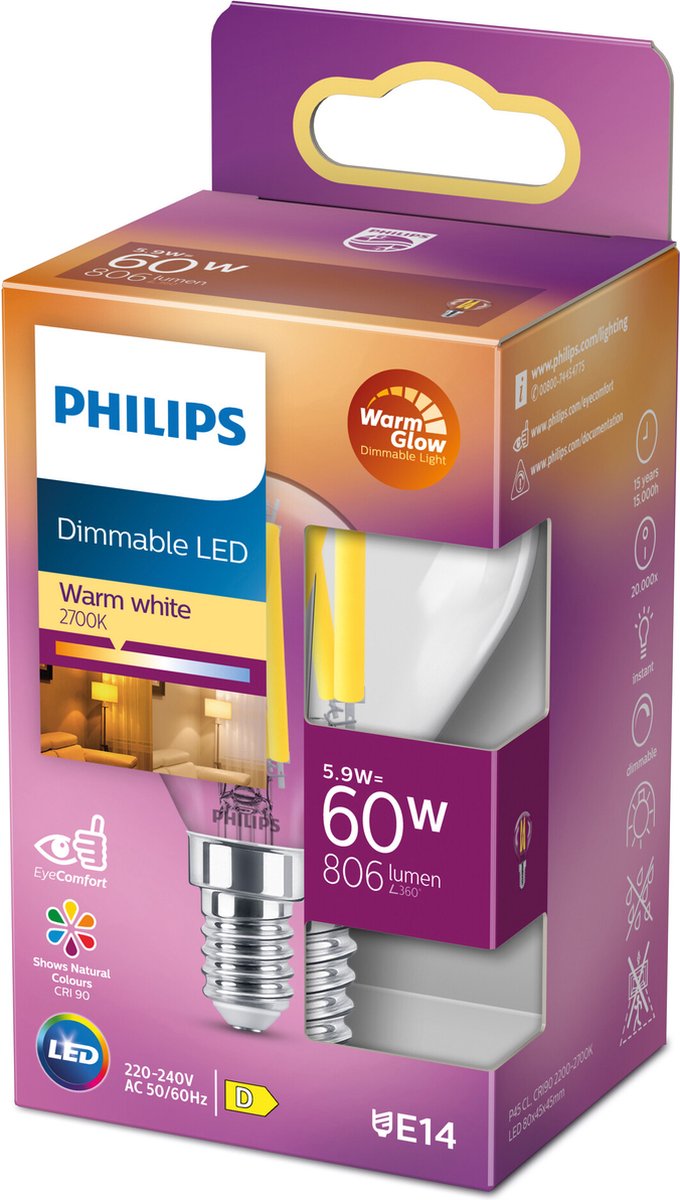 Philips led kogellamp transparant - 60 w - e14 - dimbaar warmwit licht