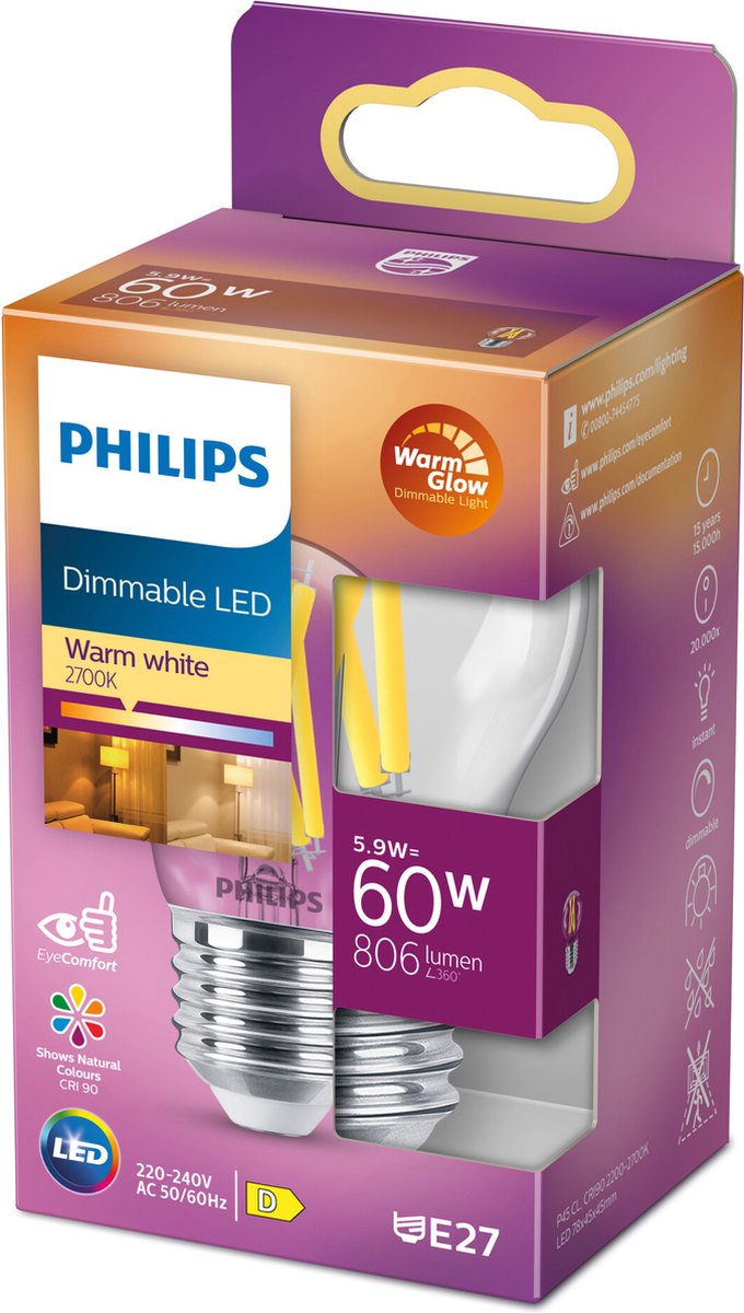 Philips led kogellamp transparant - 60 w - e27 - dimbaar warmwit licht