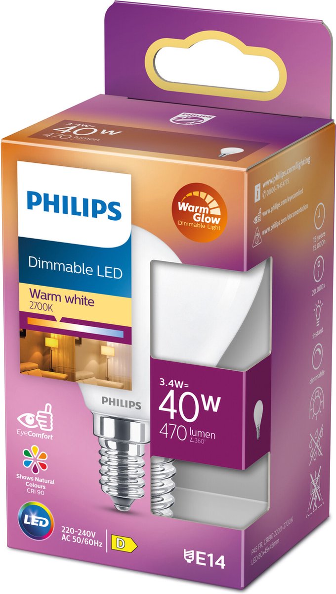 Philips led kogellamp mat 40w e14 dimbaar warm wit licht