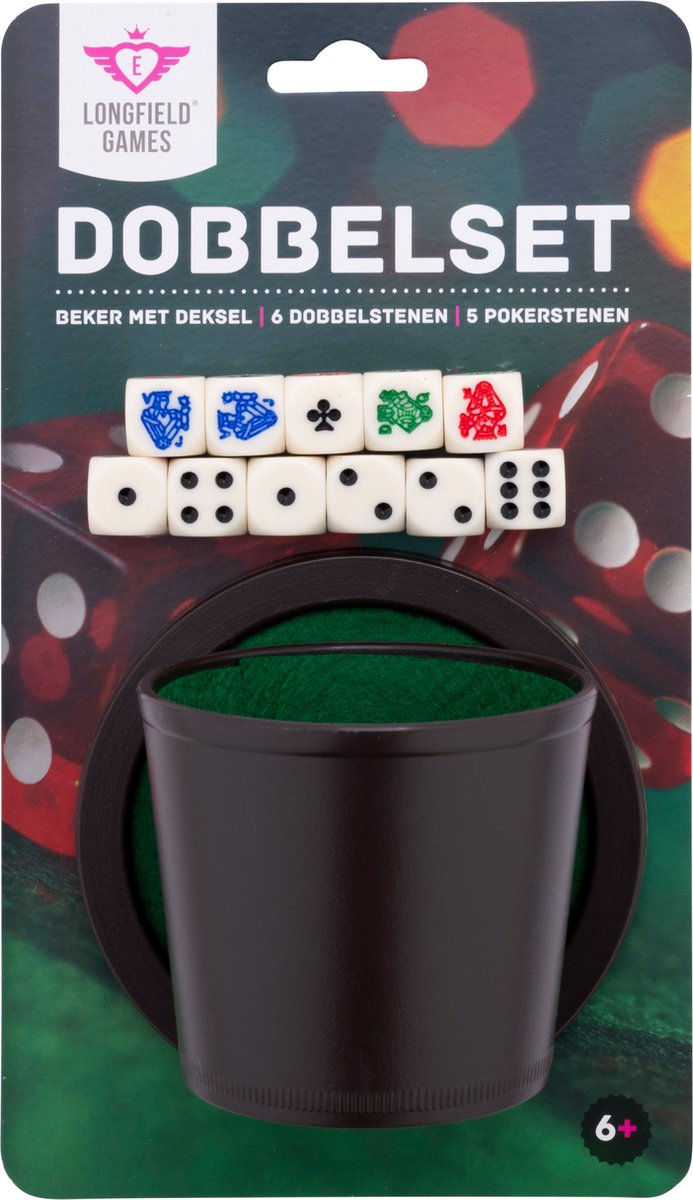 Longfield pokerkop med låg - inklusive 2 sæt terninger (16 mm) - terningsæt - klassisk terningespil familiespil - englehjerte