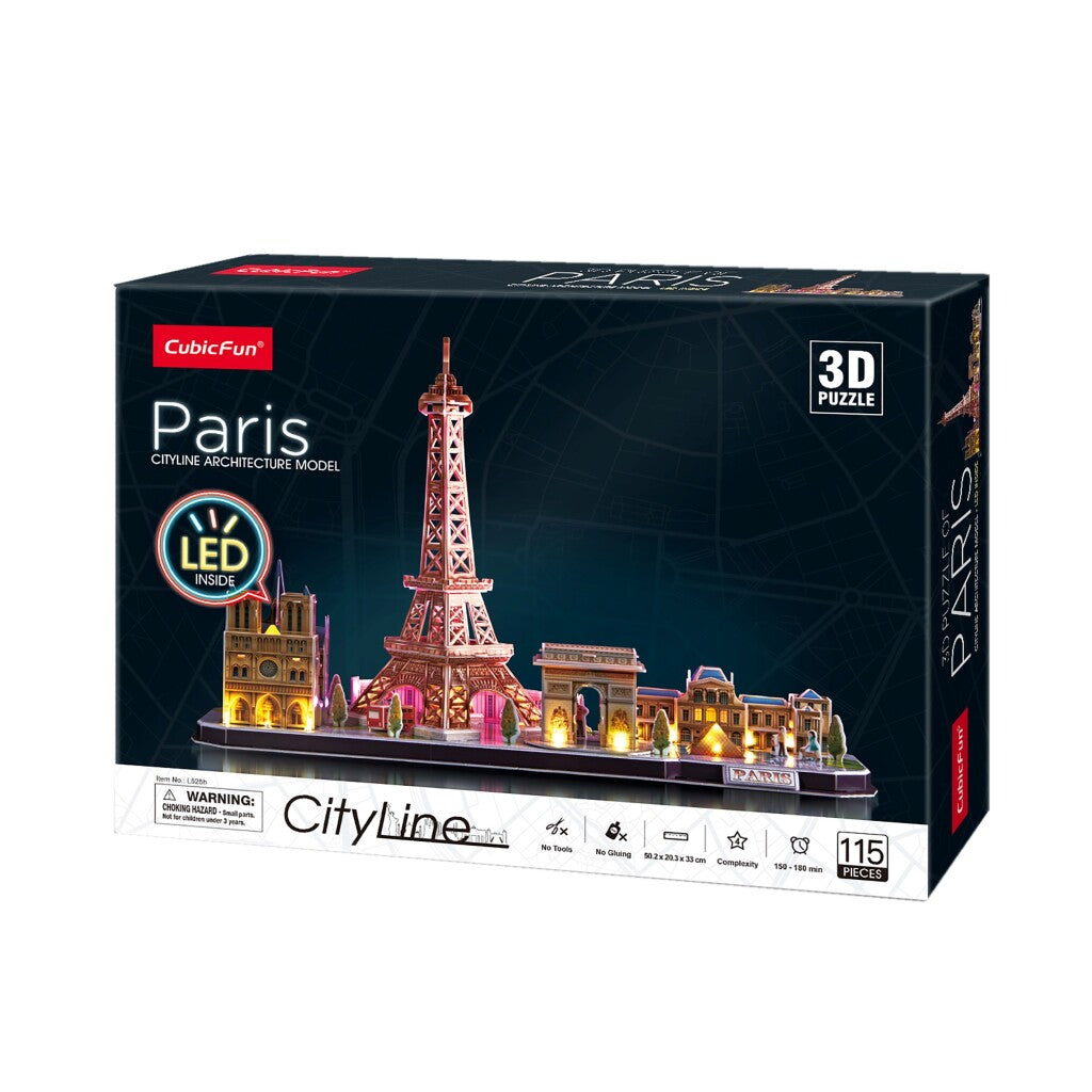 Kubisk sjovt 3D-puslespil City Line Paris med LED-belysning, 115 brikker.