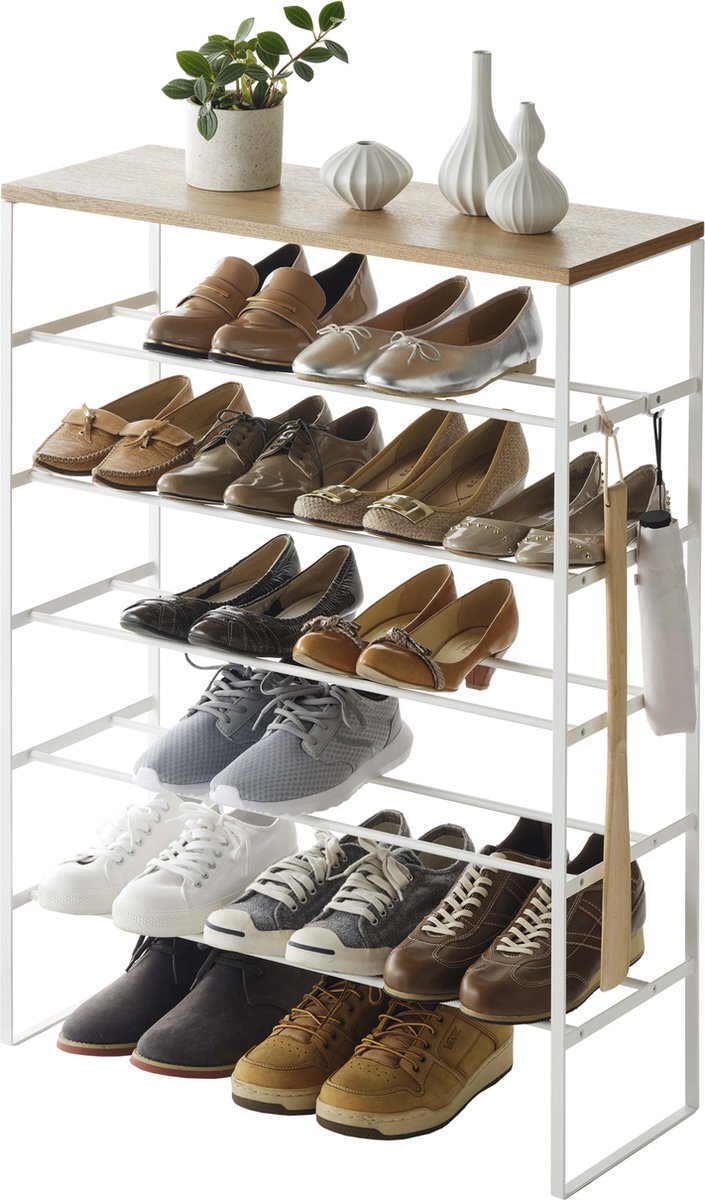 Yamazaki schoenenrek met houten bovenblad - 6 niveaus - tower - wit
