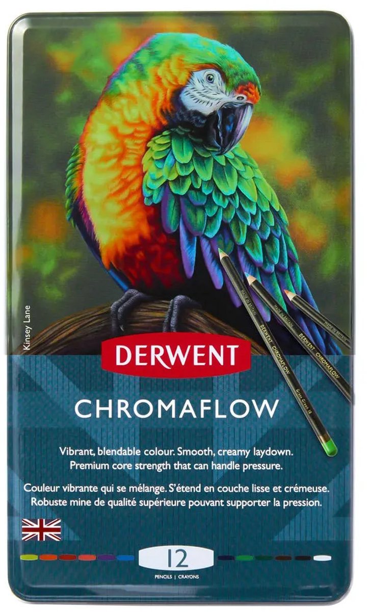 Derwent chromaflow farveblyanter - sortiment i dåse - 3,5 mm - 12 stk.