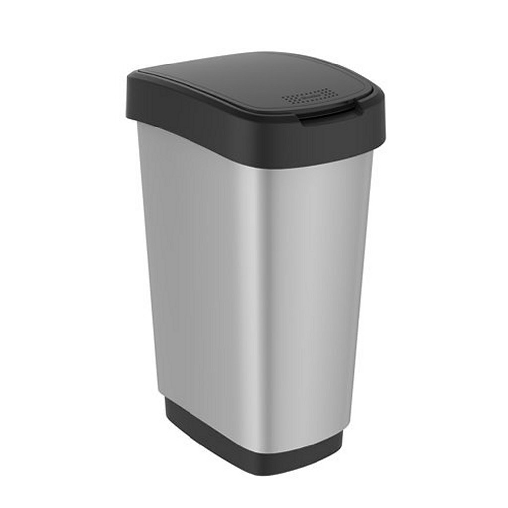 Rotho twist affaldsspand med svinglåg 50l - sølvmetalfarvet - BPA-fri - inkl. 6 klistermærker til forskellige affaldsstrømme