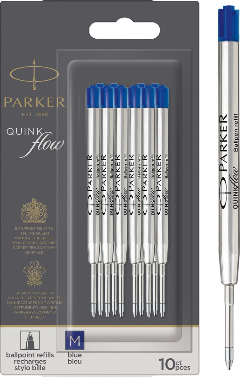 Parker kuglepen refill - medium spids - blå quinkflow blæk - 10 stk