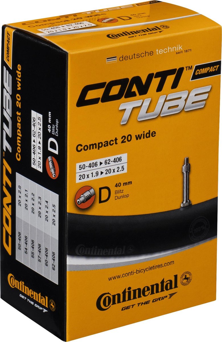 Continental compact 20 bred - inderslang til cykler - hollandsk ventil - 40 mm - 20 x 1,90 - 2,5