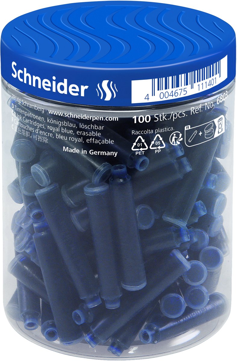 Schneider skriveredskaber schneider blækpatroner - beholder med 100 styk - kongeblå - s-6803