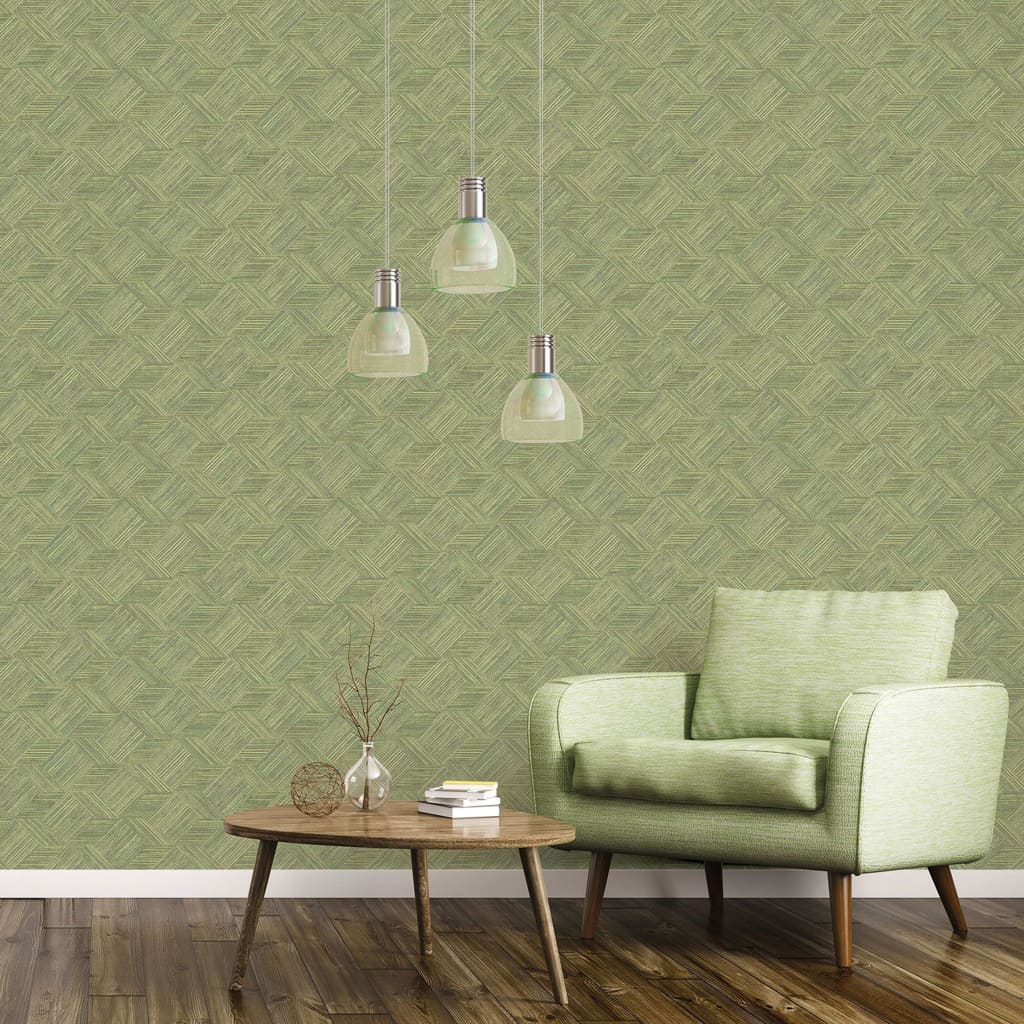 North Wall Wallpaper Evergreen Wicker Natural Green