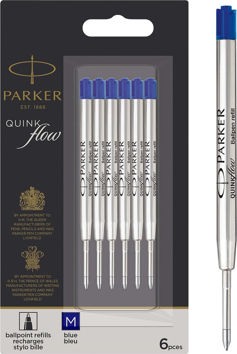 Parker kuglepen refills | mellempunkt | blå quinkflow blæk | værdipakke | 6 stk