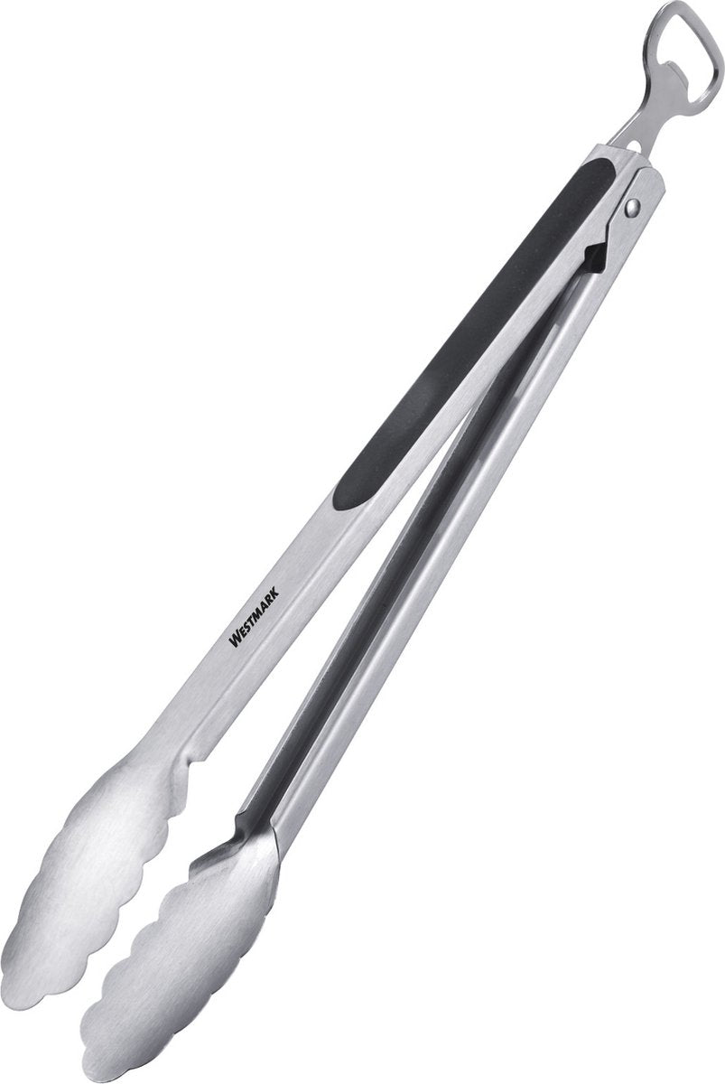 Westmark grilltang + serveringstang med flaskeåbner, med ender af rustfrit stål og gummihåndtag, længde: 35 cm, rustfrit stål plast, klassisk specialmix, sølvsort, 1625227ö
