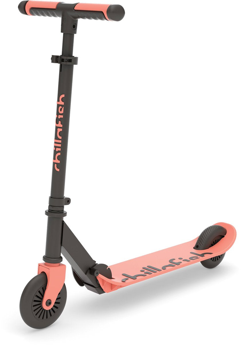 Chillafish børnescooter dreng og pige fra 5 år med fodbremse - orange pink - løbehjul med justerbart styr - foldbar og let med abec-5 hjul - model flexxi