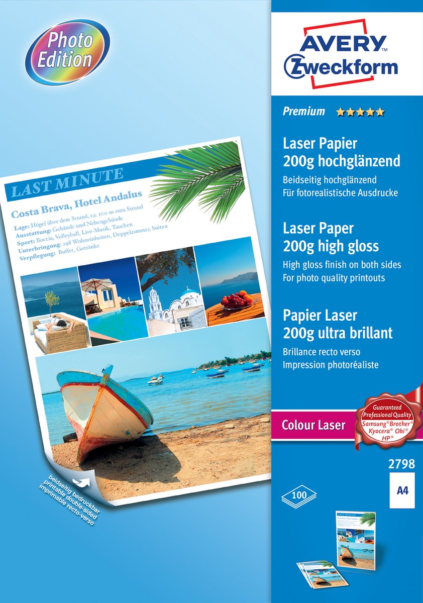Avery farvelaserpapir a4 hvid 200gr æske med 100 ark