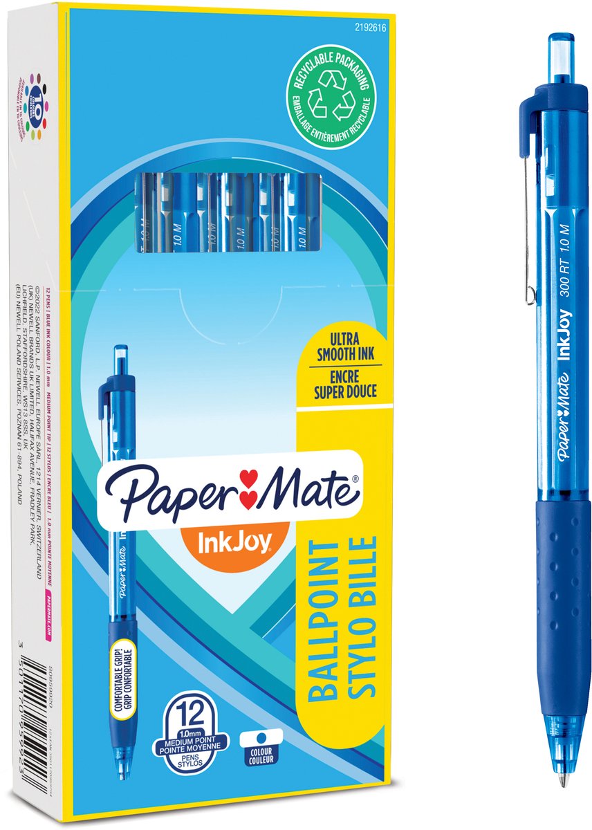 Paper mate inkjoy 300rt kuglepenne med trykknap | mellempunkt (1,0 mm) | blå | 12 stk