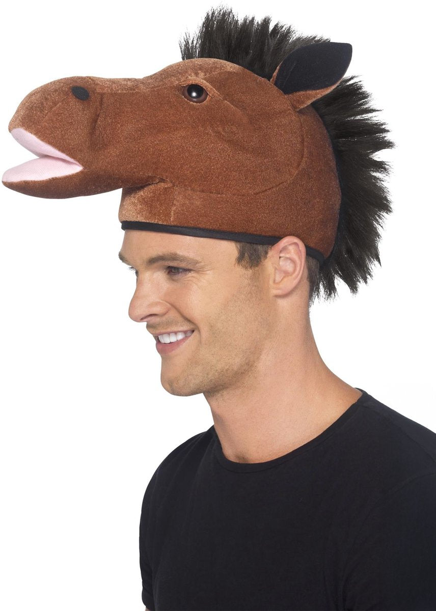 Smiffys carnival dress up dyredragt hat - hestehoved - brun - med detaljer - dyrehoveder - voksne