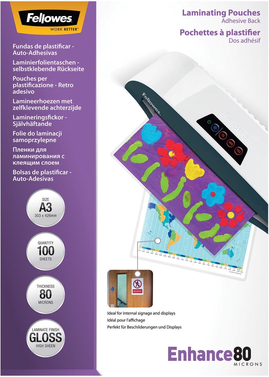 Fellowes lamineringsposer a3 - selvklæbende bagside - 80 mikron - 100 stk.