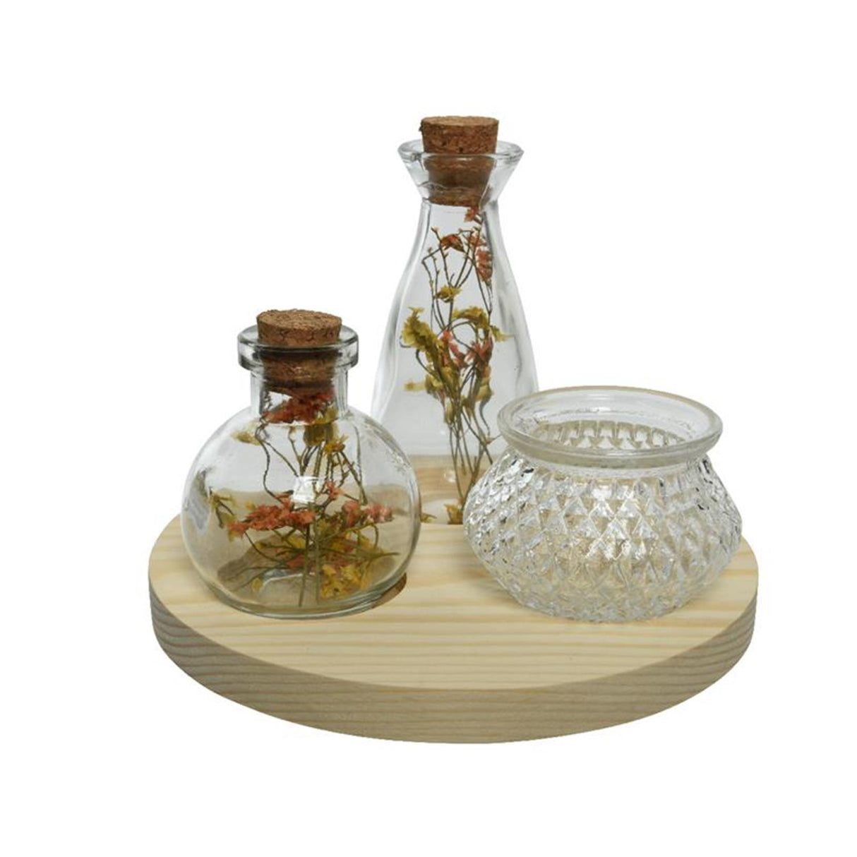 Decoris opladerplade med dekoration 2 flasker tørrede blomster, 1 fyrfadslys og opladerplade ã˜18-h35cm