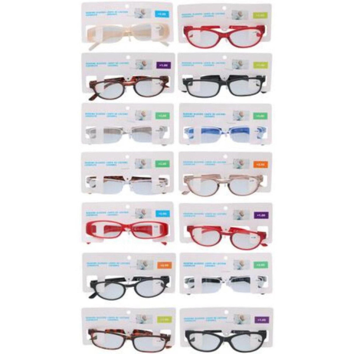 Reading glasses in various models, colors and strengths, +1.00 to +3.00
