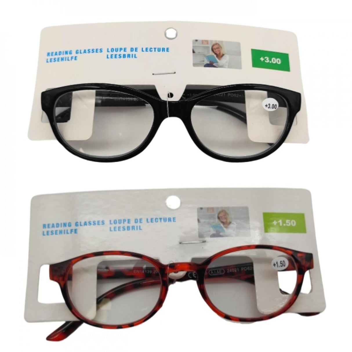Reading glasses in various models, colors and strengths, +1.00 to +3.00