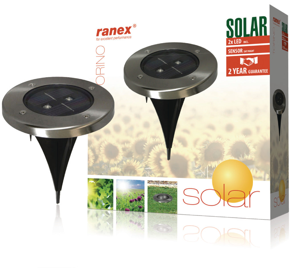 Ranex ra-5000389 rund LED solcellejord spotlight børstet rustfrit stål glas