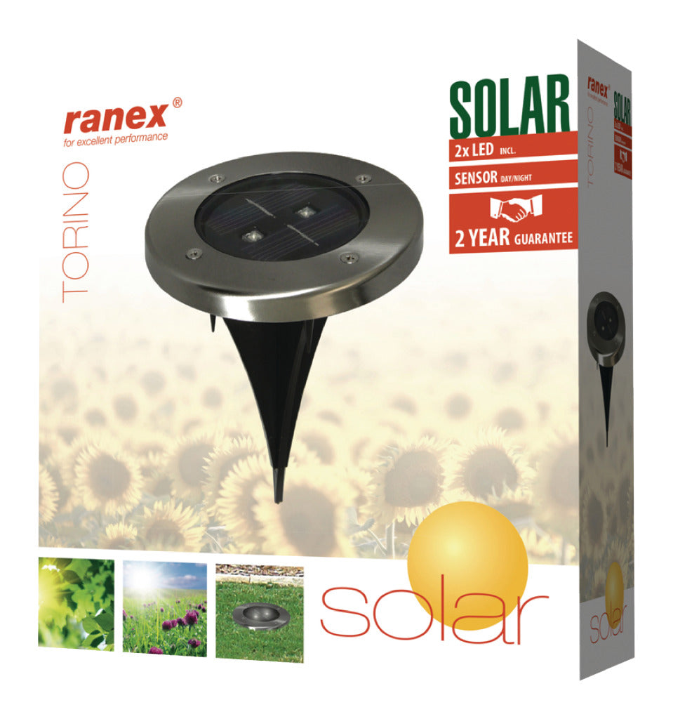 Ranex ra-5000389 rund LED solcellejord spotlight børstet rustfrit stål glas
