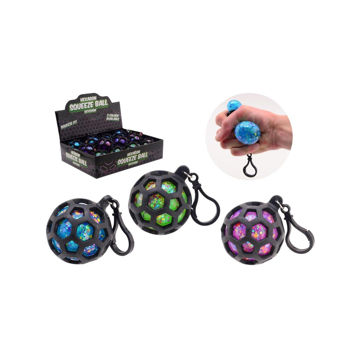 Johntoy hexagonal squeeze glitter ball nøglering, 3 assorterede
