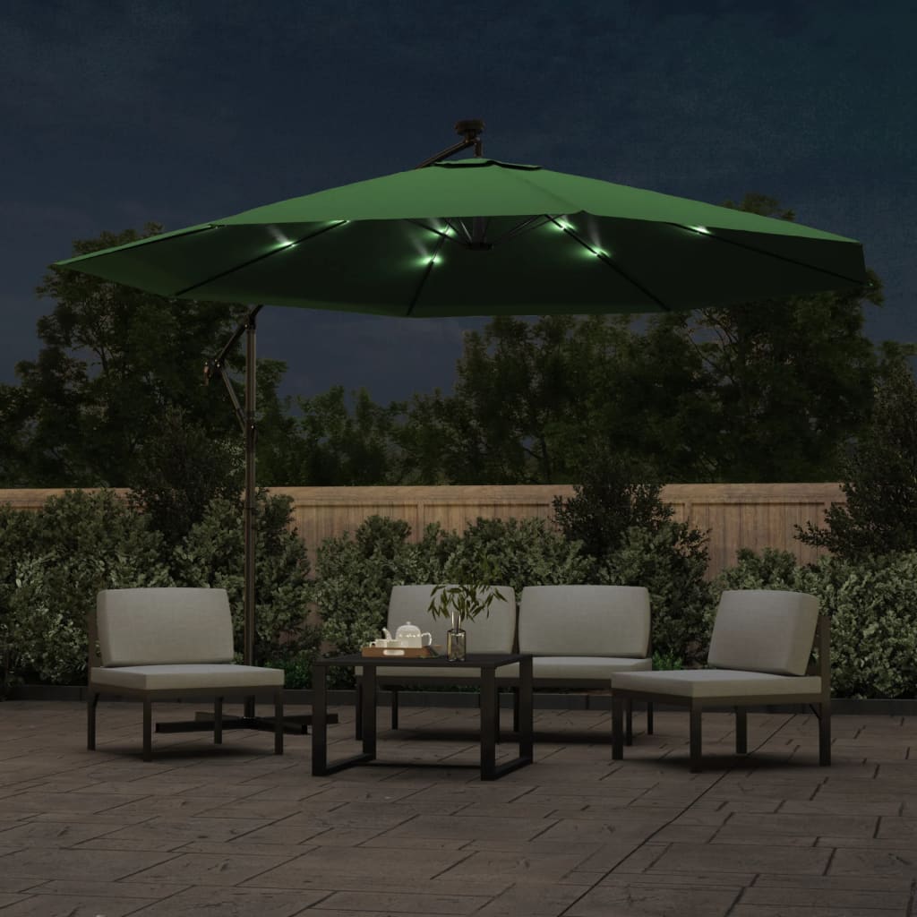 Vidaxl flydende parasol med LED -belysning og metalstang 350 cm grøn