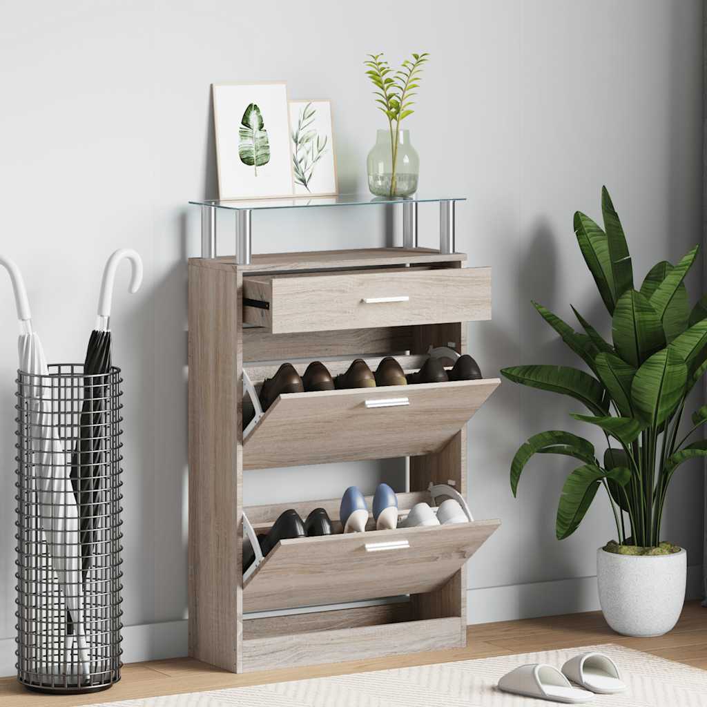 Vidaxl Shoe Cabinet med skuffe og glas top eg -look