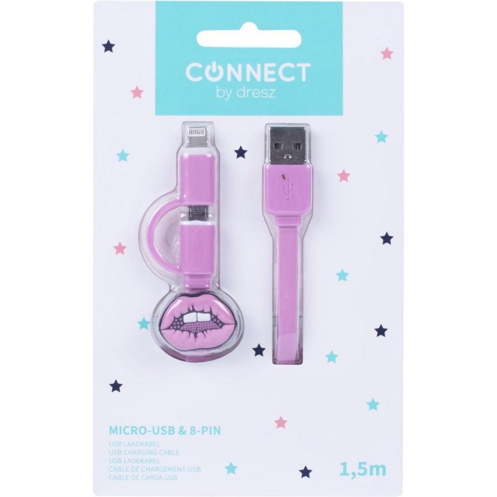Kangaro k-58191006 dresz 2-i-1 mikro-USB-ladekabel + pin-læber pink