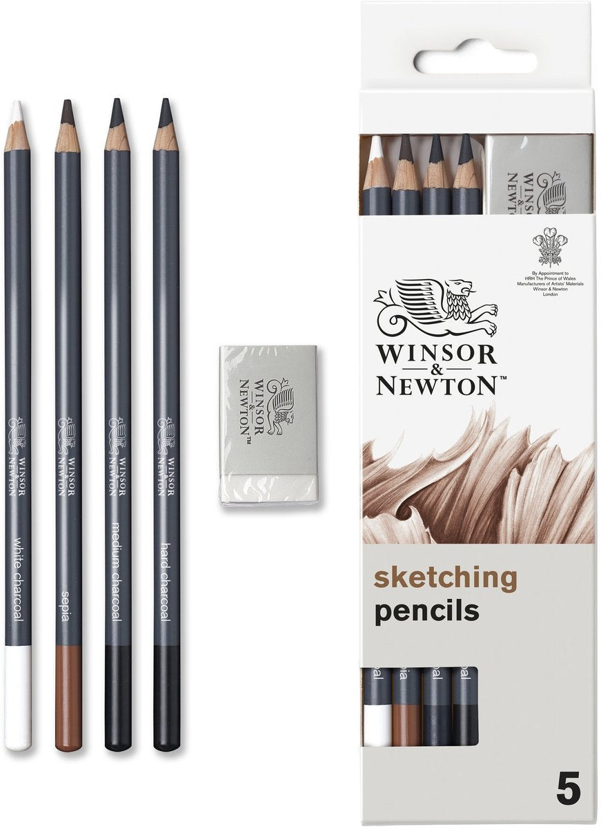 Winsor Newton 0490009 Studio Collection Sketch Pencils Set x5 med viskelæder – Charcoal Sepia Tegneblyanter til skitsering