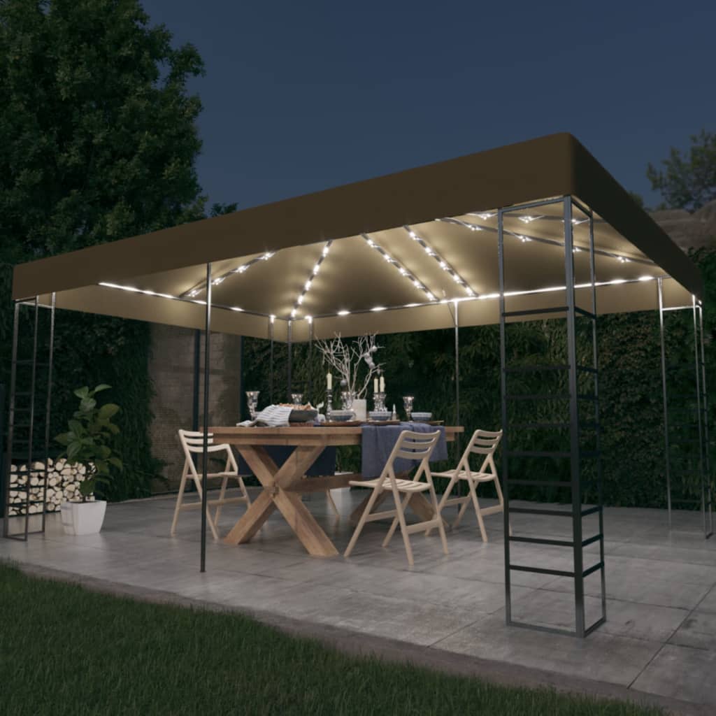 VidaXL Gazebo med LED-slyngelys 3x4 m taupe