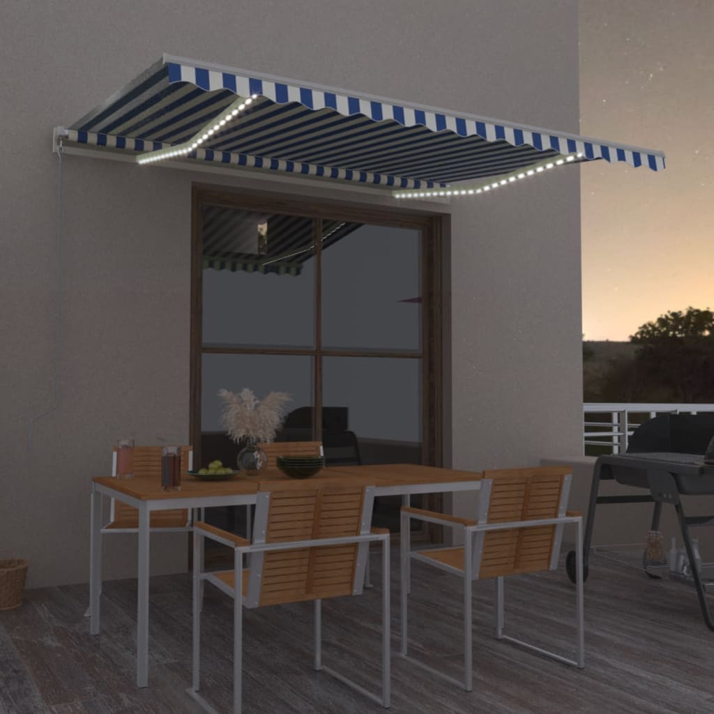 Vidaxl Luifel Automatisk med LED og vindsensor 450x350 cm blå hvid