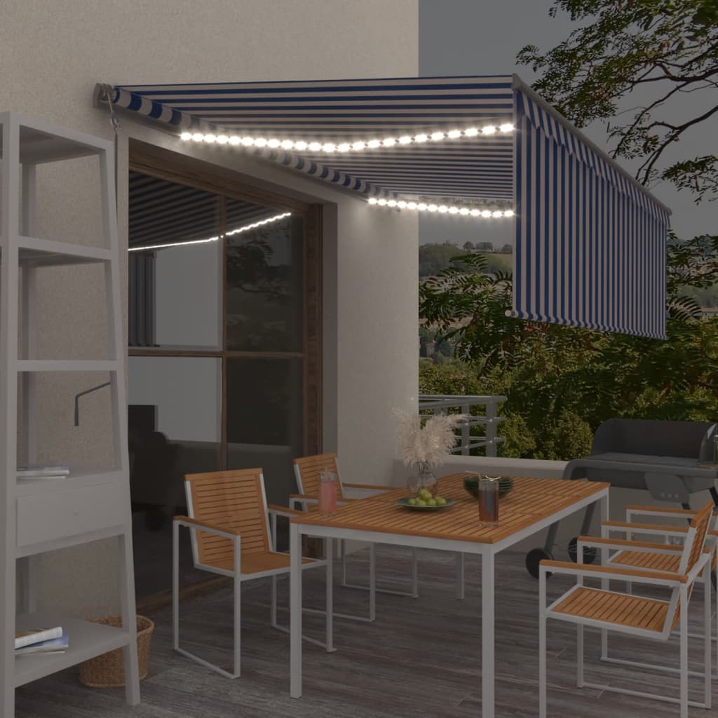 Vidaxl Luifel Automatisk rulleblind LED vindsensor 4x3 m blå og hvid