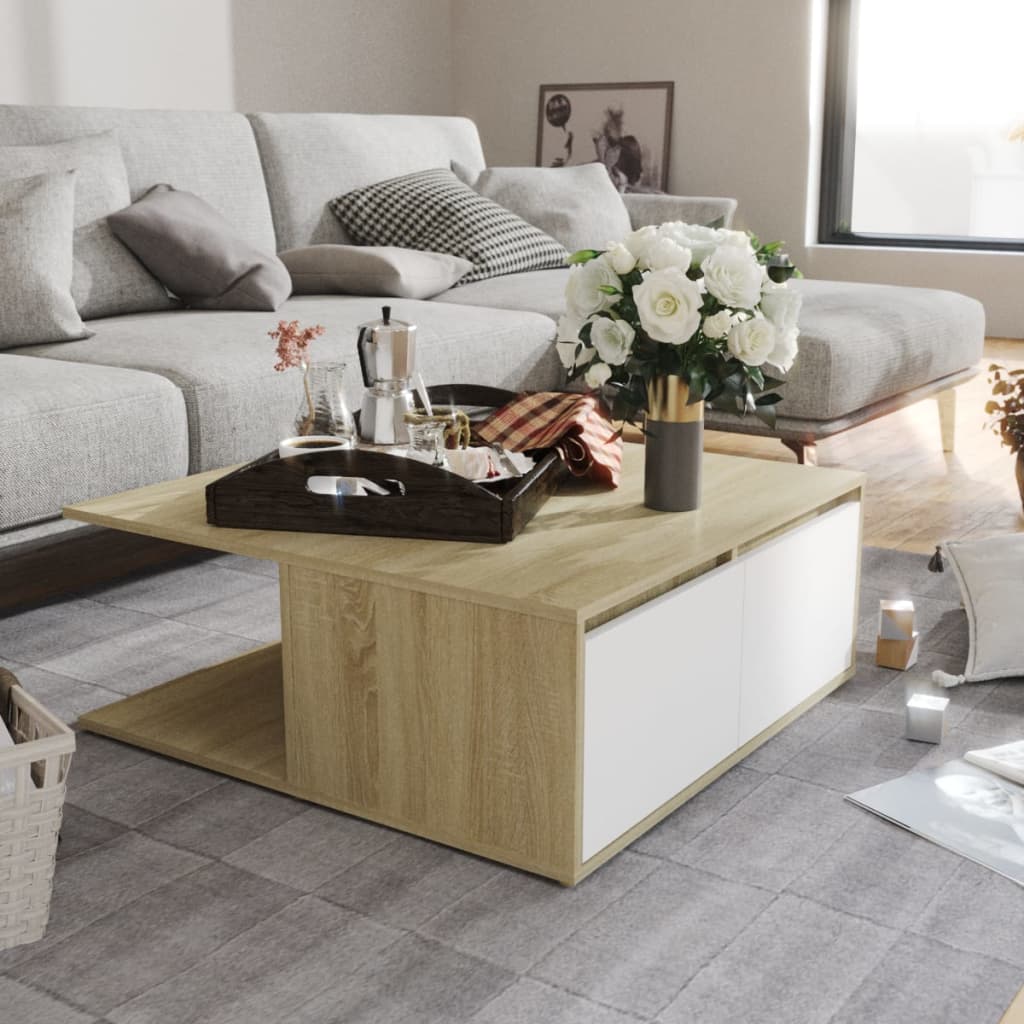 Vidaxl salontafel 80x80x31 cm bewerkt hout wit en sonoma eikenkleurig
