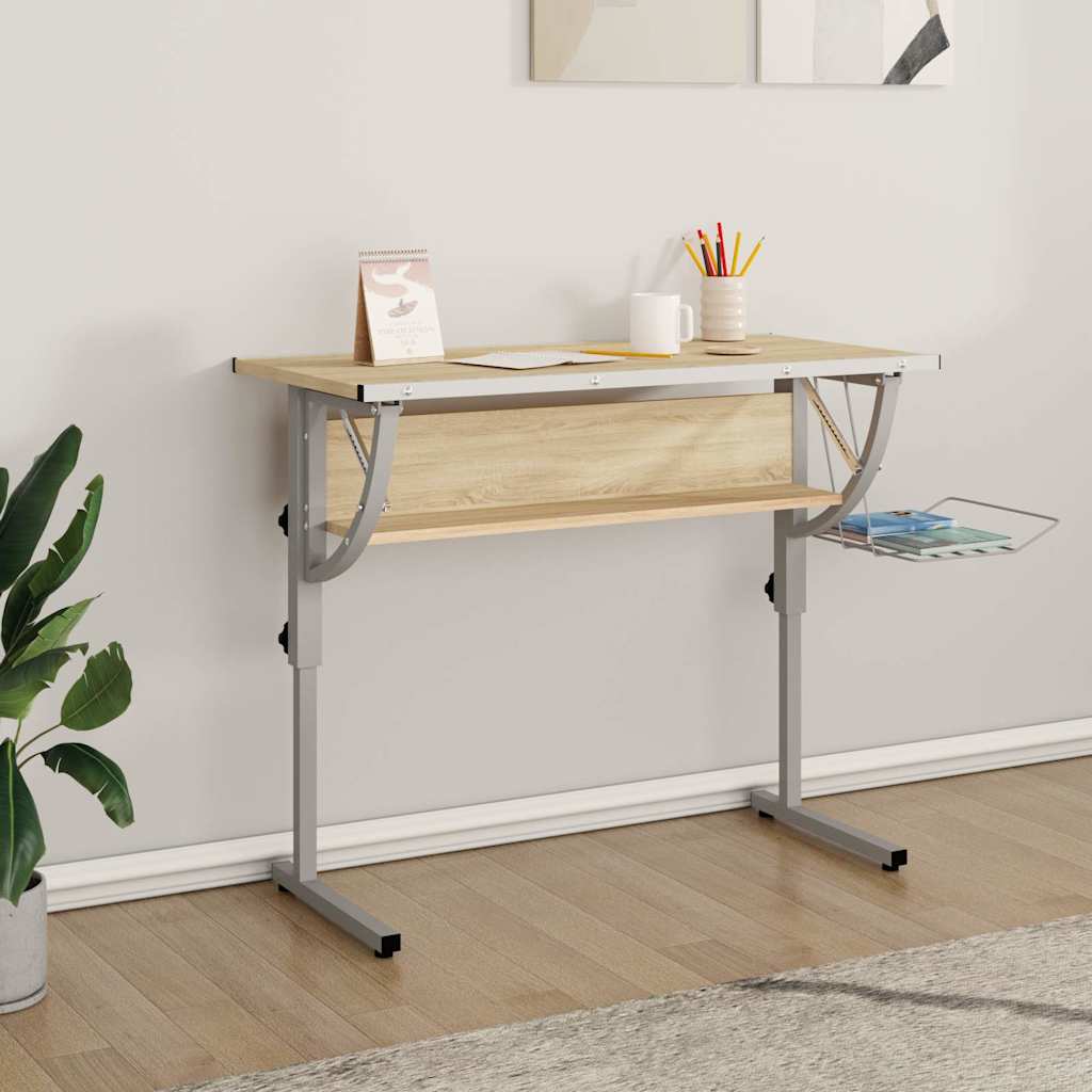 Vidaxl tekentafel 110x53x(58-87) cm bewerkt hout en staal eiken grijs