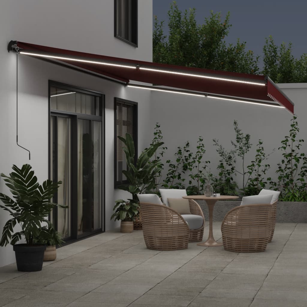 VidaXL Markise, der kan forlænges manuelt med LED'er 500x350 cm bordeauxrød